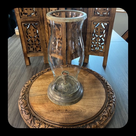 🕯Vintage Hurricane Fauxed Metal Candle Holder w/ Base, Hurricane Glass & Top - Picture 1 of 14